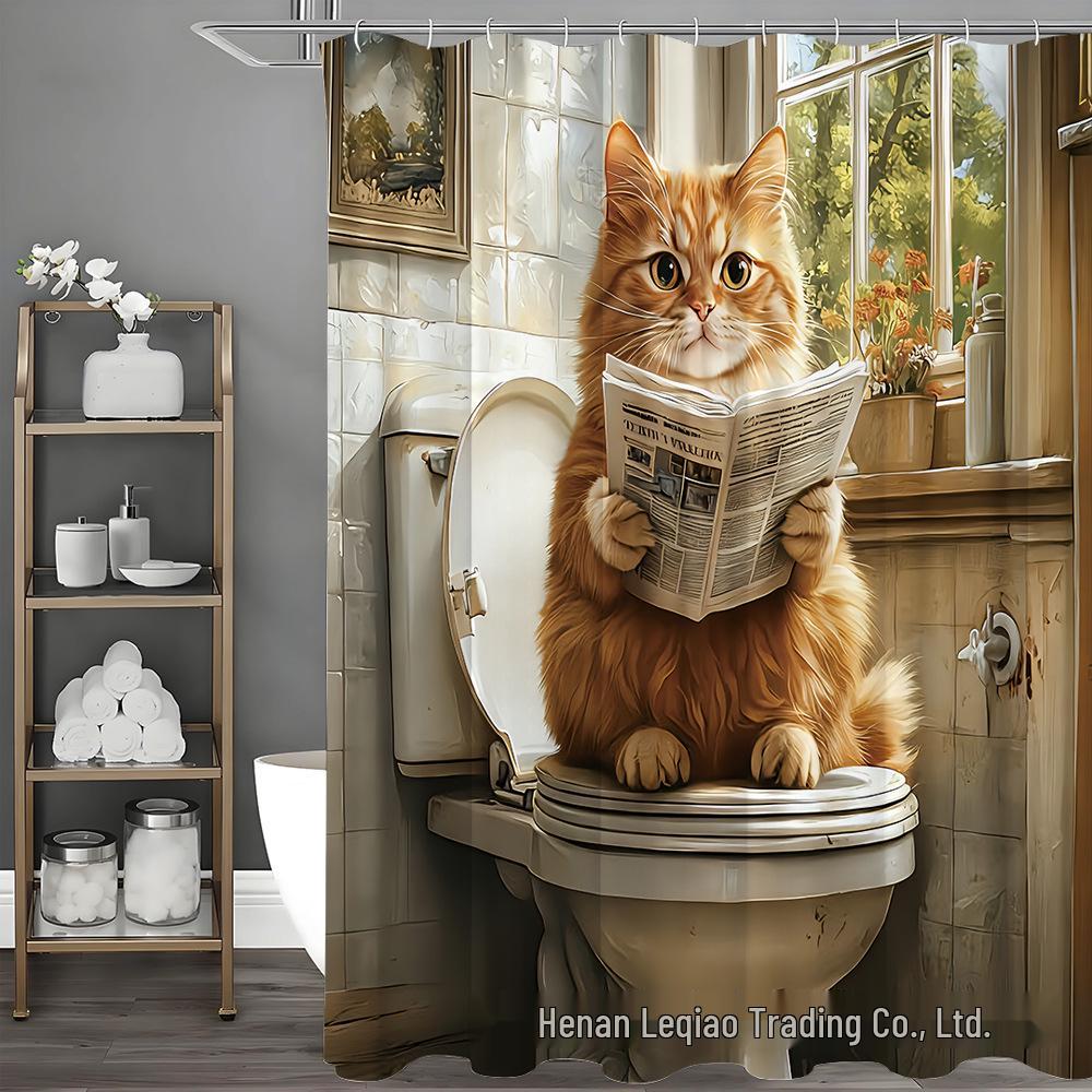 Cartoon Cat Bathroom Set: Funny Cat Reading Newspaper Shower Curtain & Accessories
