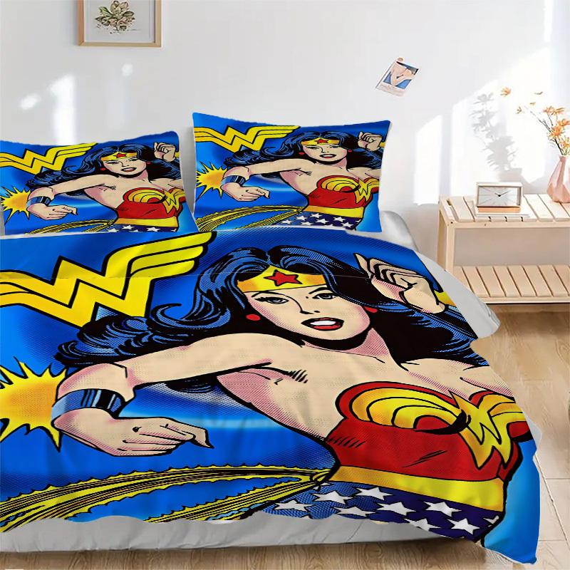 

3pcs Wonder Woman, Superhero Cover Set, Bedding Set, Soft Comfortable Duvet Cover, For Bedroom, Guest Room (1*Duvet Cover + 2*Pillowcases, W 135x200cm