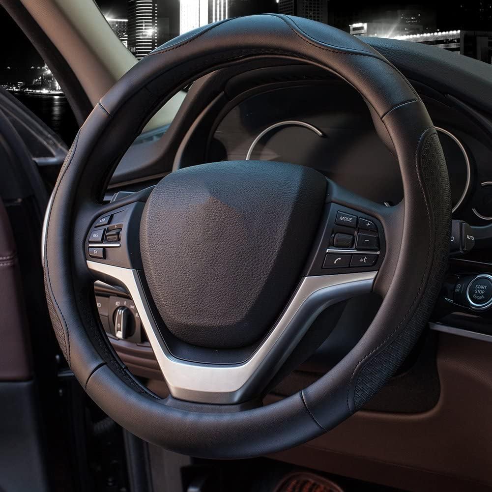 Valleycomfy Leather Steering Wheel Covers Universal 15.75 Inch -Breathable, Anti Slip & Odor Free (Black With Black Lines,L(15" 1/2-16"))