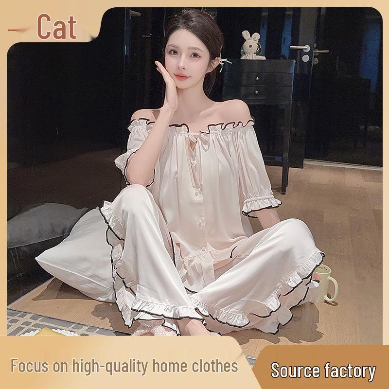 Ice Silk Women's Sweet French Princess Pajama Set - One-Shoulder, Spring/Summer