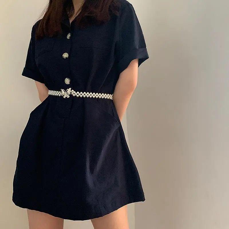 Women's Pearl Elastic Waist Chain for Hanfu and Korean Style Outfits - Versatile Woven Beaded Slimming Accessory