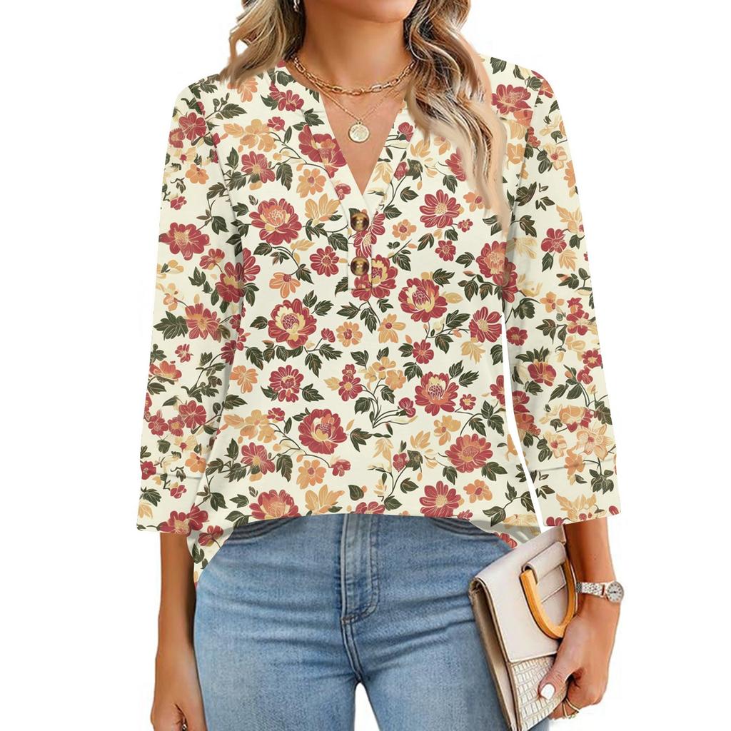 Women's T Shirt Print Button 3/4 Sleeve Daily Weekend Fashion Basic V- Neck Regular Top