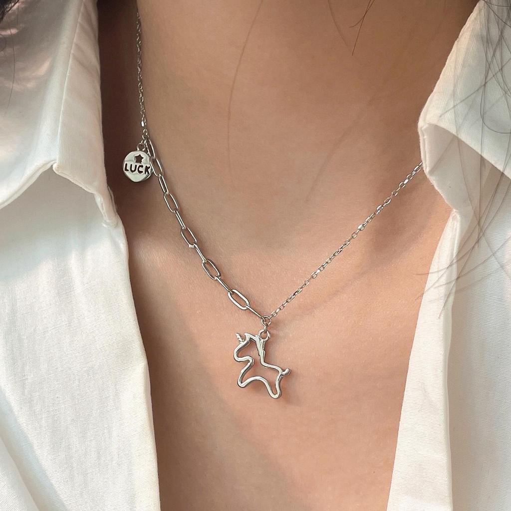 2022 Yinruitai S925 Sterling Silver Unicorn Necklace with Round Tag Letter Korean Clavicle Chain for Women