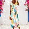 Women Plus Size V Neck Short Sleeve Printed Loose Maxi Dress