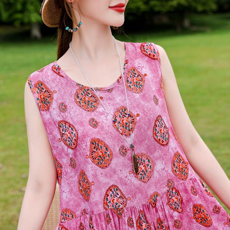 Elegant Sleeveless Dress for Women Plus Size Loose Vintage Print Long Dress Summer Middle-aged Women's Clothing