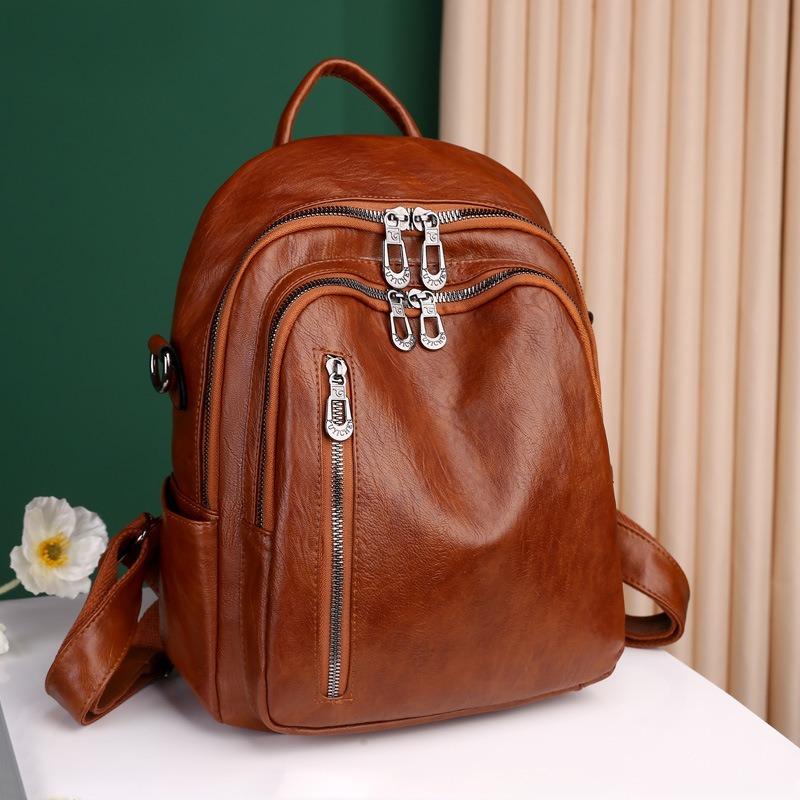 Women's bag new soft leather texture backpack fashionable solid color schoolbag flow retro large capacity travel bag