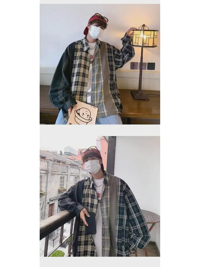 Men's Plaid Splicing Long Sleeve Shirt - Autumn Hong Kong Style Casual Jacket