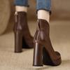 Brown leather high-end pointed leather boots splicing thick-soled thick-heeled short boots super high-heeled thick-heeled rear zipper fashion boots wo