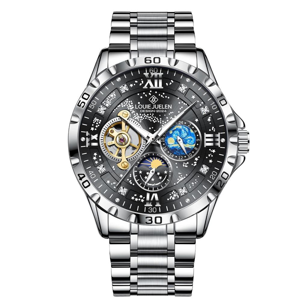 Luxury Automatic Mechanical Men Watch Fashion Moon Phase Business Watches Hollow Tourbillon Stainless Steel Men Wristwatch