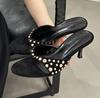 Fashion Fashion Metal Rivet Design Brand Slippers Women Comfort Round Toe Thin Heel Slide Sandals Summer Sexy Clip Toe Beach Flip-flops