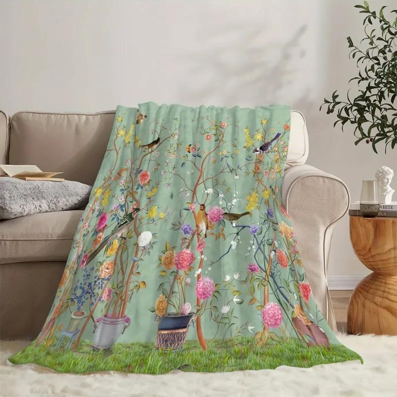 1pc Creative Flower and Bird Flannel Blanket Comfortable Warm Soft Sofa Throw Blanket for All Seasons Office Bed Travel Blanket