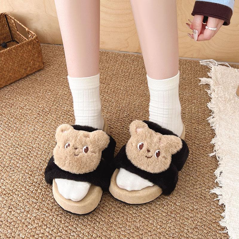 Autumn and Winter Fashion Cute Cartoon Bear Cotton Slippers Warm Home Non-slip Cotton Shoes Parent-child Home Fluffy Slippers