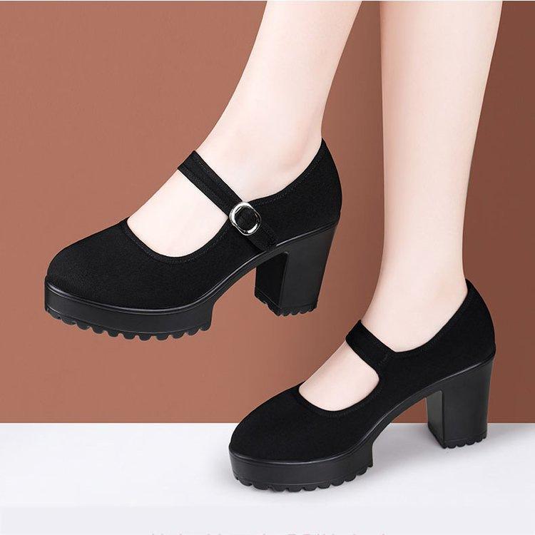 Medium heel cloth shoes spring black platform thick heel non-slip shoes square dance shoes single shoes