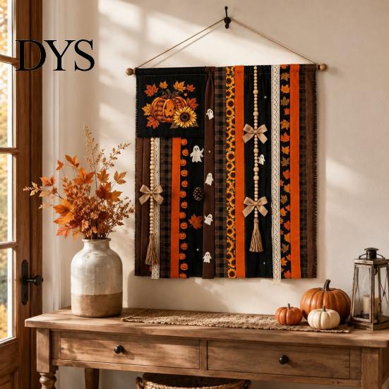 Seasonal Festival Gift Halloween Rag Banner, Orange Black Skull Ghost Pumpkin Hanging Decoration, Rustic Theme Banner Fabric Stripe for Front