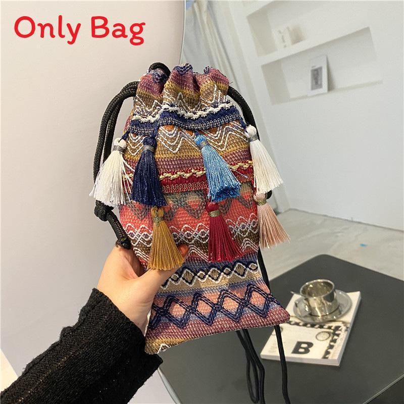 Art Ethnic Style Tassel Bag With Drawstring Closure For Casual Travel And Phone Storage
