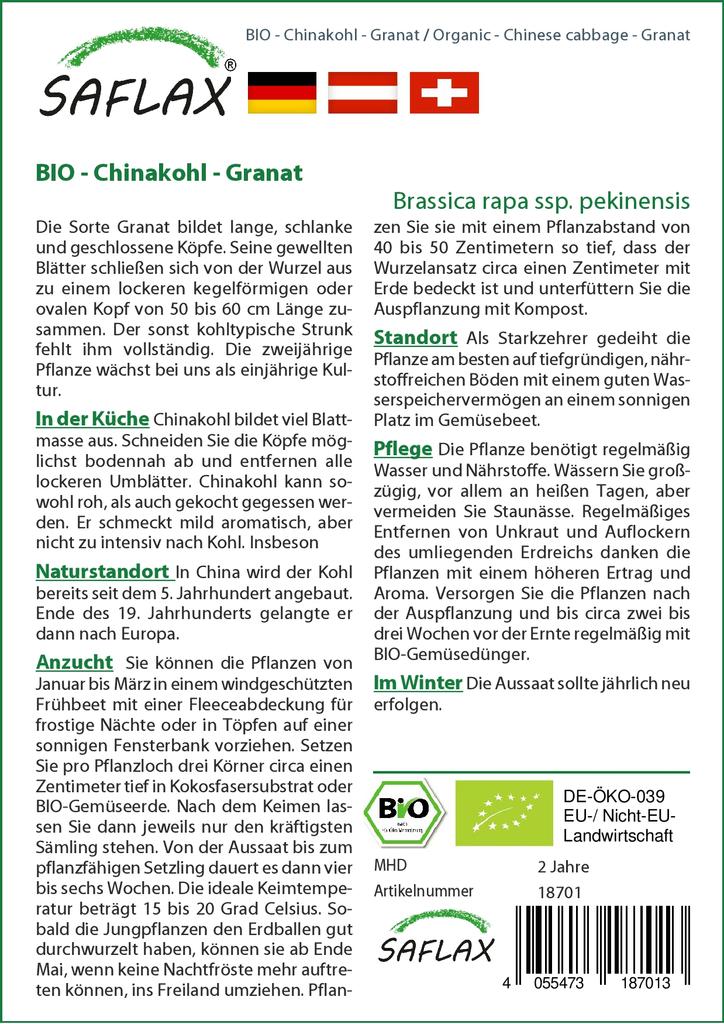 SAFLAX Garden In the Bag - Organic - Chinese Cabbage - Granat - 40 Seeds - With Substrate In a Fitting Stand Up Bag - Brassica Rapa