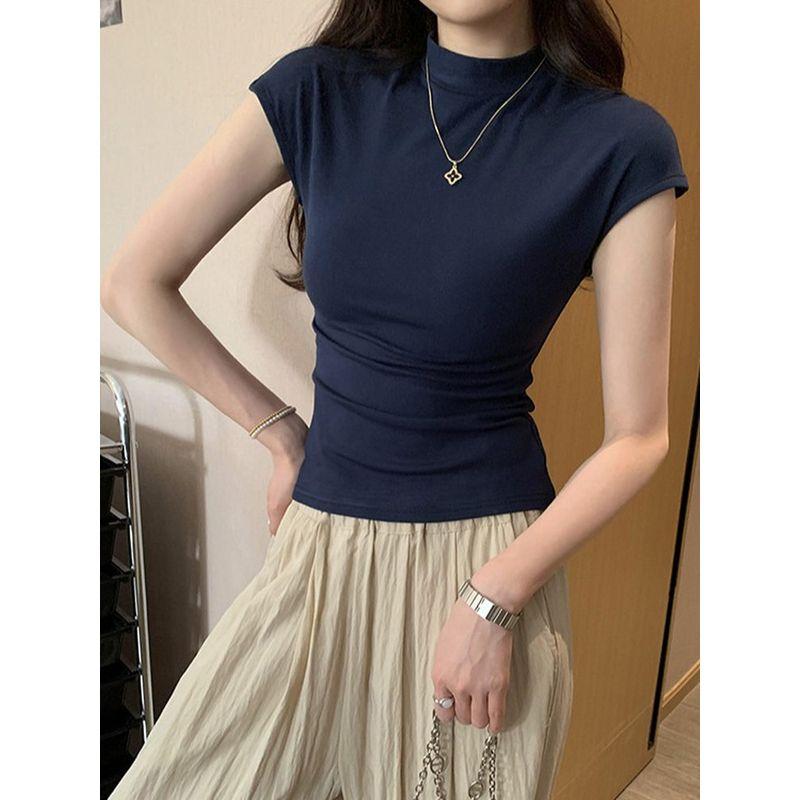 Kumikumi Design Sense Solid Slim fit Short sleeve T-shirt Women Summer New Niche Temperament Slimming Versatile Top