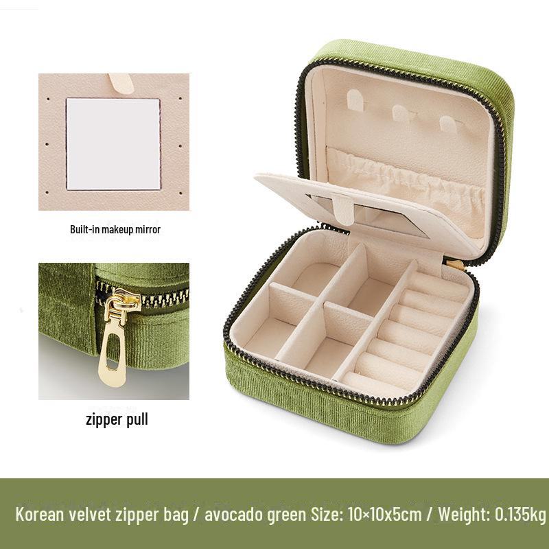 Korean Flannel Jewelry Storage Box with Mirror - Travel-Friendly Organizer for Earrings and Rings