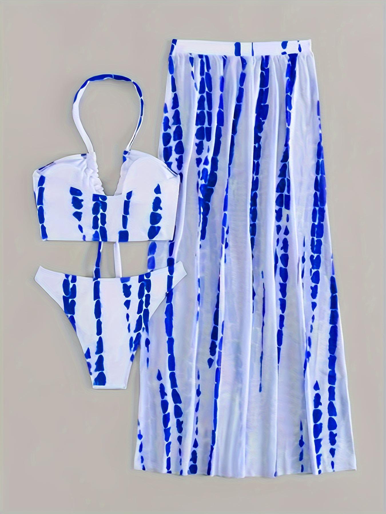 

2025 Евро-американский купальник халтер без бретелей с вырезами и длинное платье, набор из трех предметов Large синий/белый