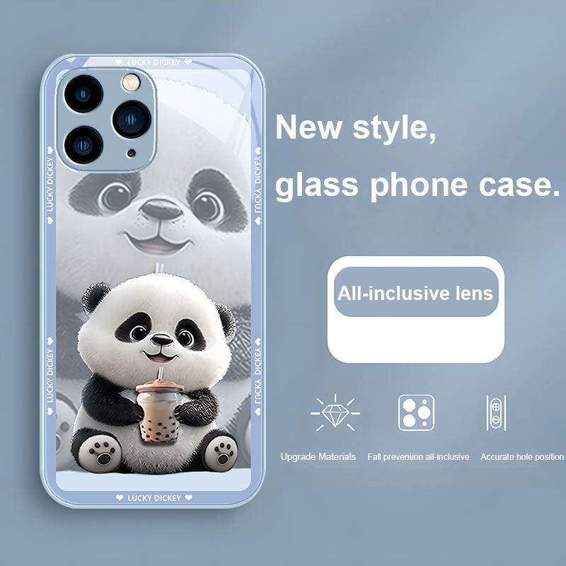 Purple Metallic Paint Tempered Glass Phone Case for Iphone 14 13 12 11 Pro Max X XS XR 7 8 Plus 2020 SE Cute Panda with Milk Tea