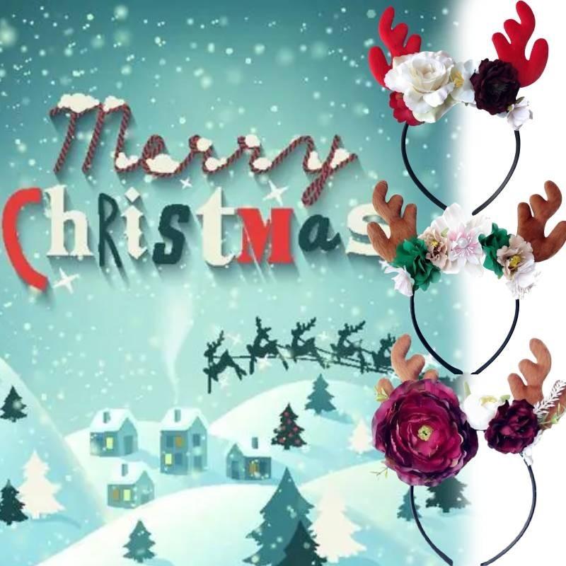 Festive Red Velvet Reindeer Antlers Headband With Floral Design For Girls