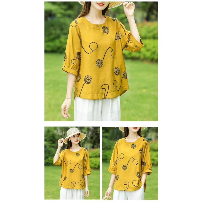 Summer Printed Cotton and Linen T-shirt Mid-sleeve Fashionable Shirt Loose Large Size Middle-aged and Elderly Women's Summer Top