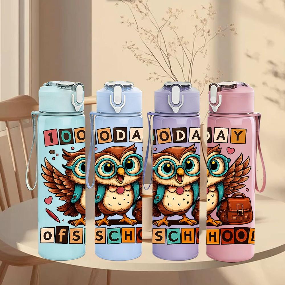 1PC Back To School Owl Text Print 750ml Color Plastic Sports Water Bottle Leakproof Flip Straw Lid Suitable for Sports Office Home Use