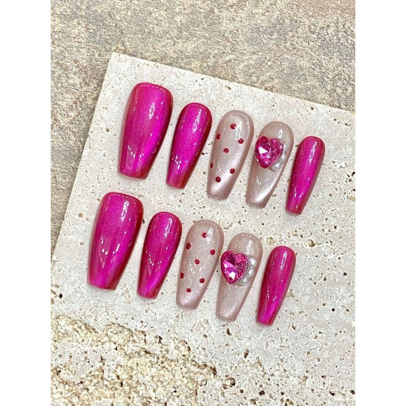 

Handmade Wear Armor New Arrival Raspberry Red Pile Rhinestone Polka Dot Cat Eye Sweet and Spicy Wind White Nail Stickers Detachable Size XS-Ladder