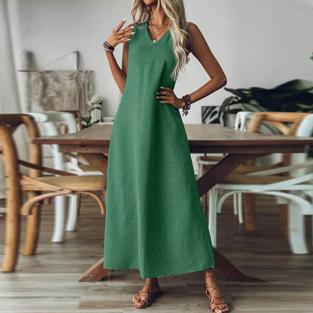 Women's Fashion V-Neck Sleeveless Solid Colour Zip Casual Holiday Long Cotton Linen Dresses