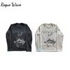 RogueWave Neuankunft Damen Y2K Waffelstrick Langarm-T-Shirt Vintage Engel Buchstaben Grafikdruck Roher Saum Locker Lässiges Oberteil