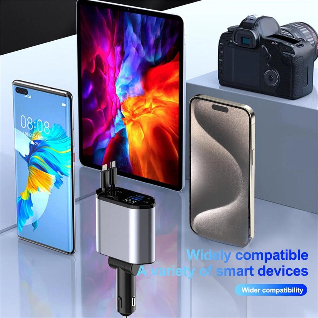 Retractable Cable Car Charger 120W Lighter Fast Charging Flash Charging Retractable Cable Four-in-one