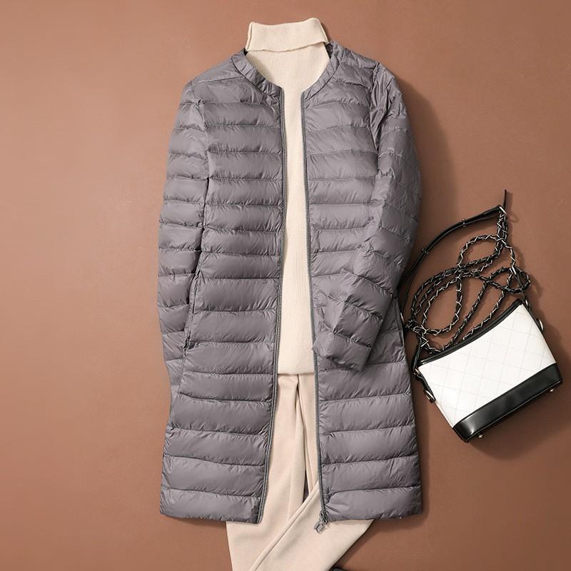 Womens Lightweight Down Coat Mid-Length Round Neck Solid Color Outerwear Winter