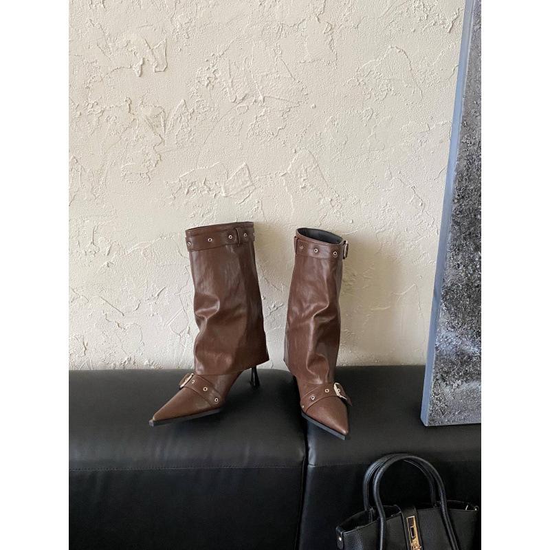 2025 Autumn European and American Style Belt Metal Buckle Pointed Head High Heel Wide Tube Thin Heel Boots