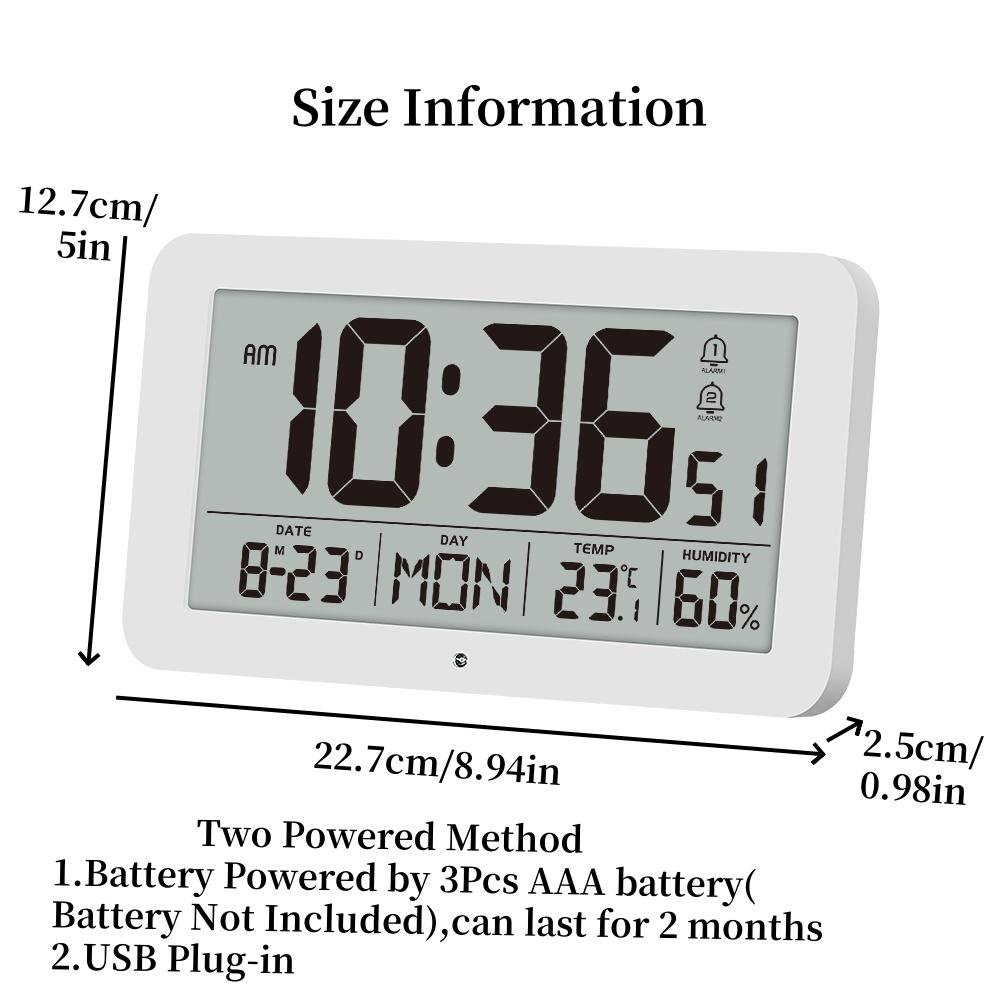 

Battery Powered Digital Wall Clock TEMP Humidity Date Week 2 Alarm Night Vision 12/24H Auto Dimmable DST Snooze LCD Table Clock