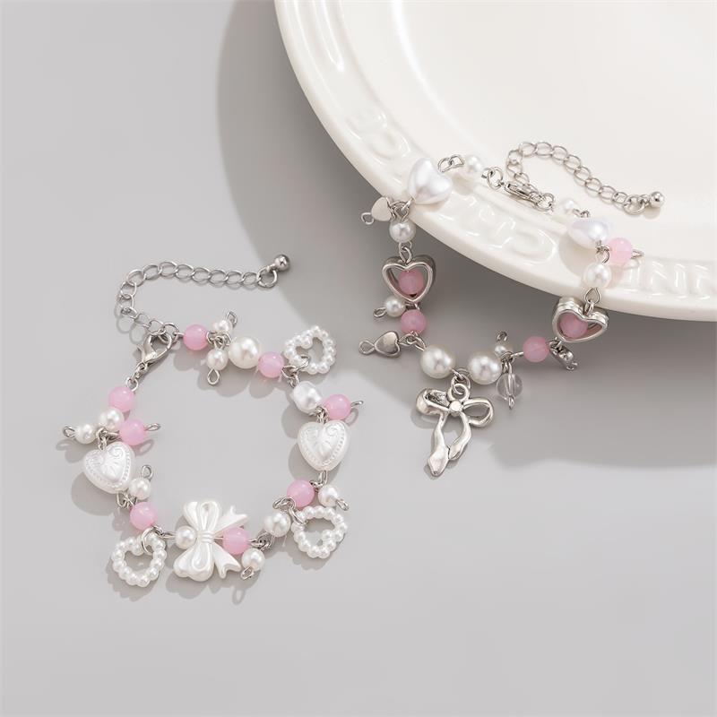 1/2 Pcs Bow Love Pendant Imitation Pearl Beaded Bracelet  Trendy Women Bracelet Girly Sweet Y2K Jewelry Accessories Gifts