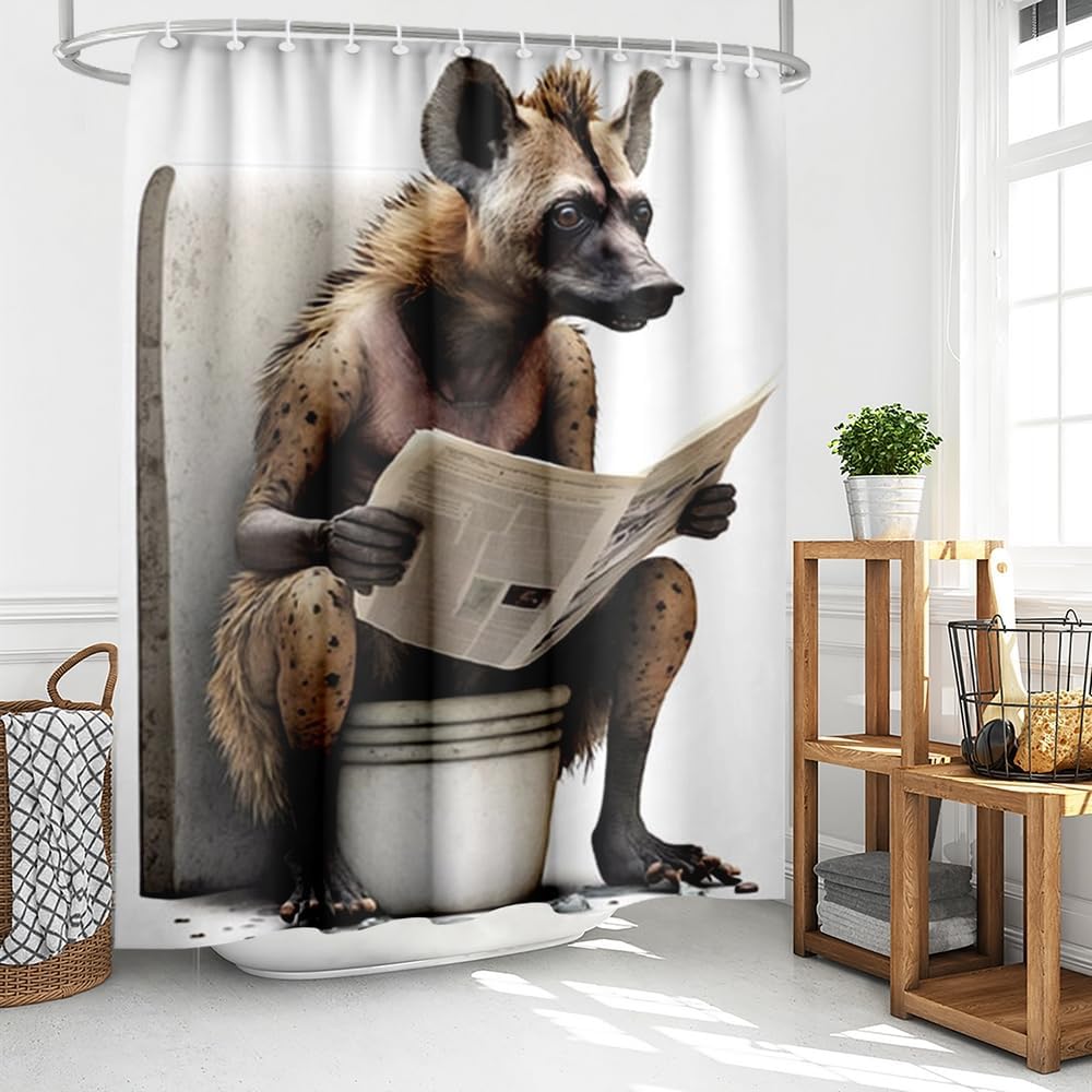 Humorous Doberman Toilet Shower Curtain, Doberman Pcher Reading Newspaper On Toilet, Waterproof Fabric Bath Curtain