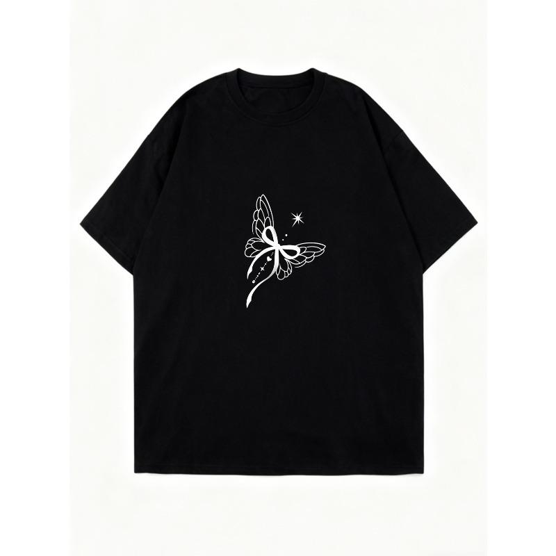 Oversized T Shirt Dress Black Butterfly Print And Sparkle Design Casual Wear For Women