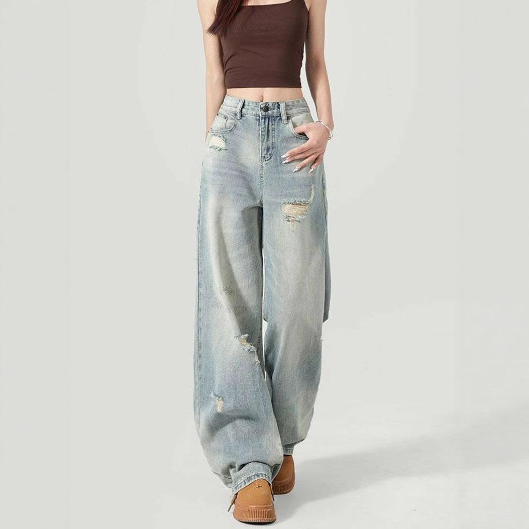 

Джинсы женские с завышенной талией, рваные, с дырками, широкие штанины, осень, выбеленные, светло-голубые, облегающие, свободные брюки, джинсы для женщин, длинные джинсовые брюки 4XL
