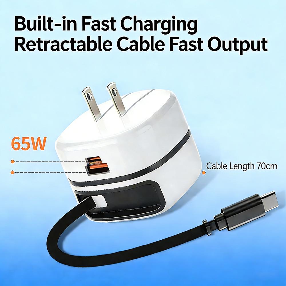 65W PD Fast Charger with Retractable Cable & Foldable Plug for Super Fast Mobile Charging
