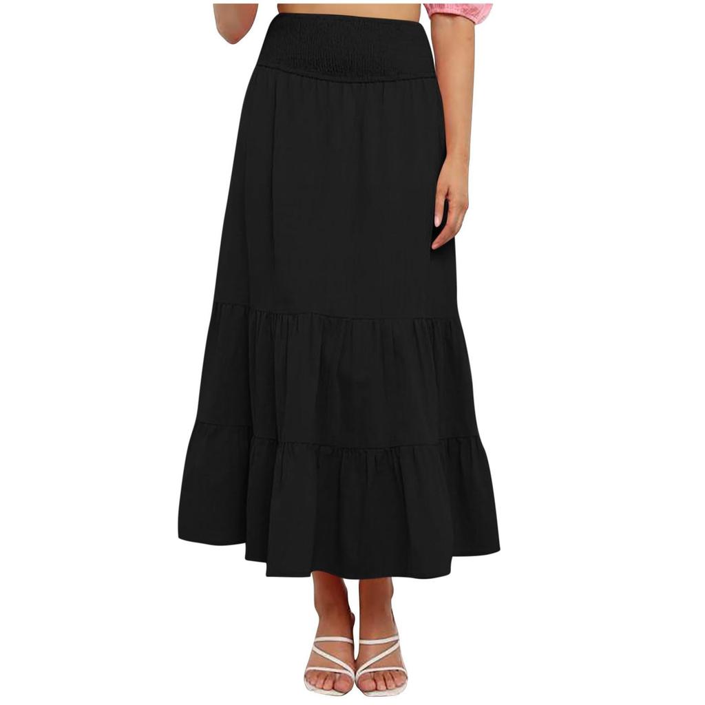 Vestido Maxi Bohemio de Verano para Mujer Cintura Alta Elástica Plisado con Volantes en Capas Culottes Moda Casual Color Sólido Falda Fluida