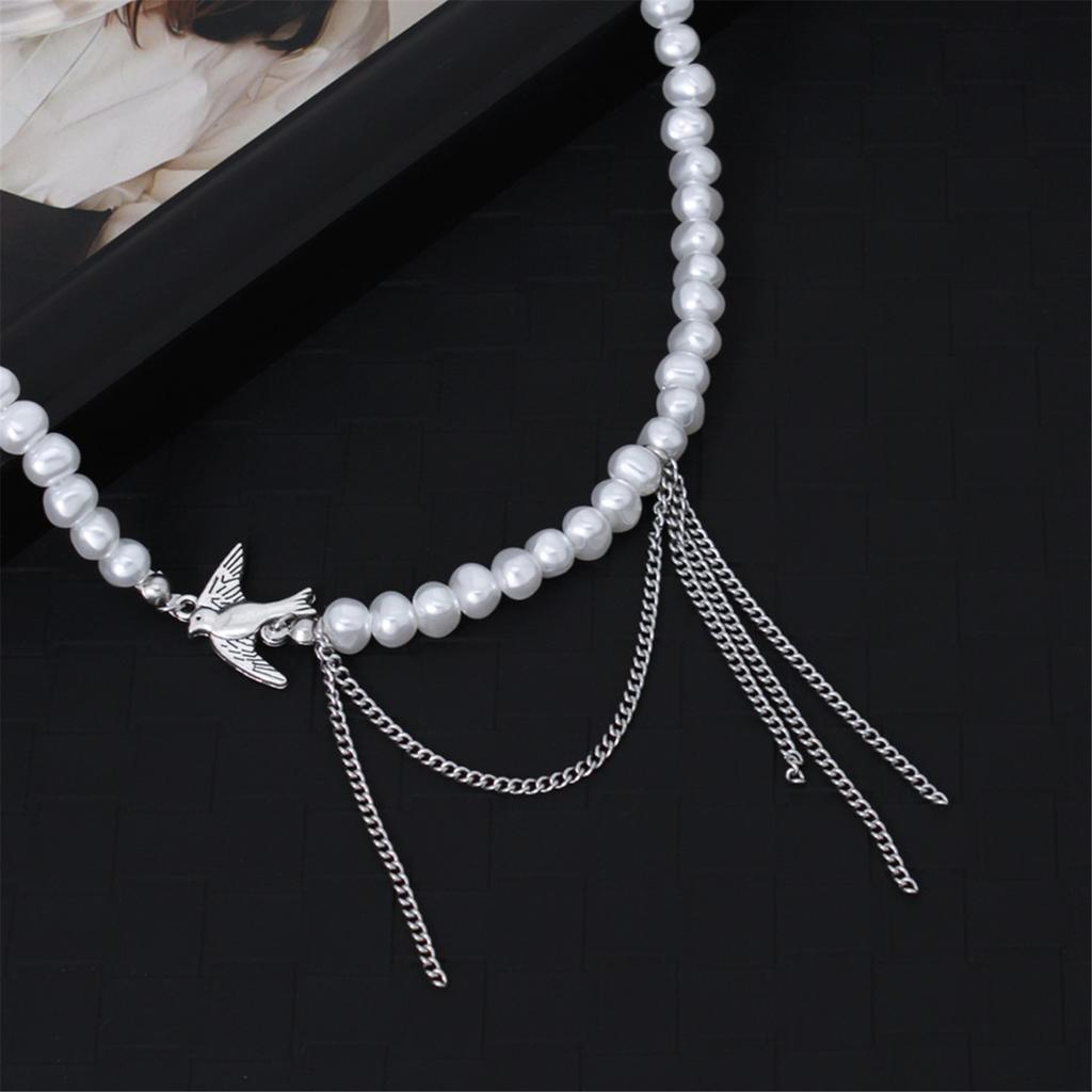 Elegant Swallow Pendant Necklace With Imitation Pearl Accent And Tassel Detail For Women Fashion Neck Jewelry