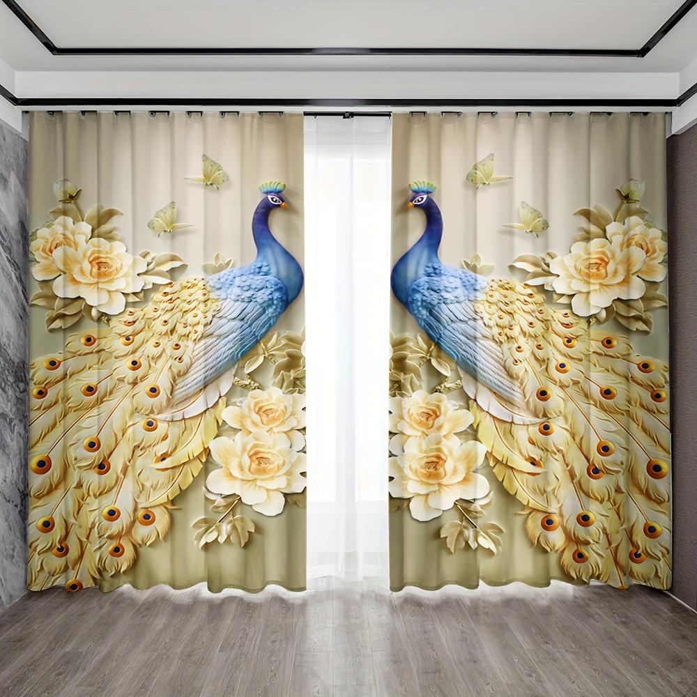2pc Blue Peacock and Golden Tree Pattern Curtain Set Rod Pocket Mount Digital Printed Polyester Curtains for Living Room Kitchen