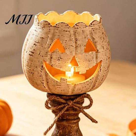 Distressed Resin Pumpkin Ornaments Rustic White Tealight Candle Holder Set, Farmhouse Halloween Tea Light Decorative Lanterns for Autumn Holders