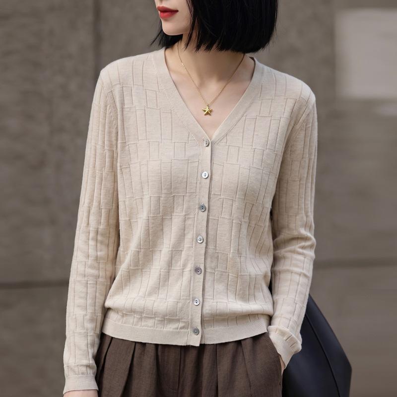 Korean Style Bamboo Texture V-neck Cardigan - Women's Versatile Long Sleeve Casual Jacket