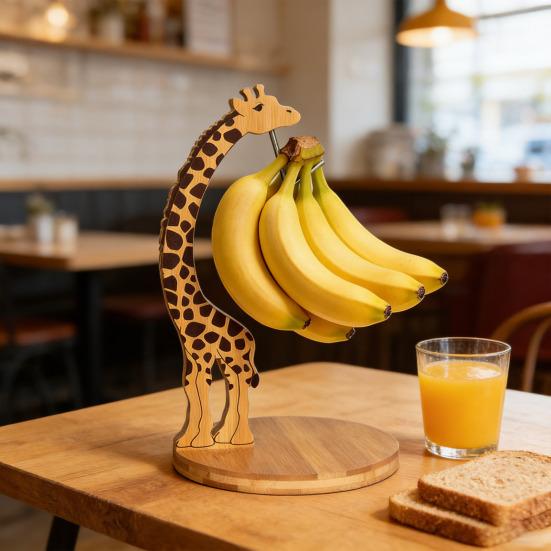 Banana Holder Stand Wood Giraffe with Stainless Steel Hook Giraffe Design Bananas Hanger Fruit Keeper for Kitchen Counter Under Cabinet