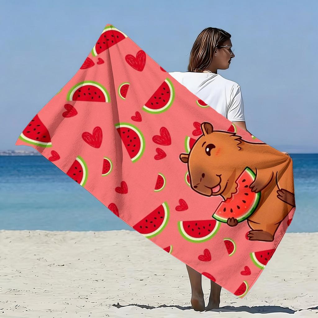 Capybara Watermelon Heart Oversized Beach Towel, Soft Microfiber Quick-Dry for Beach Pool Picnic Summer Gift