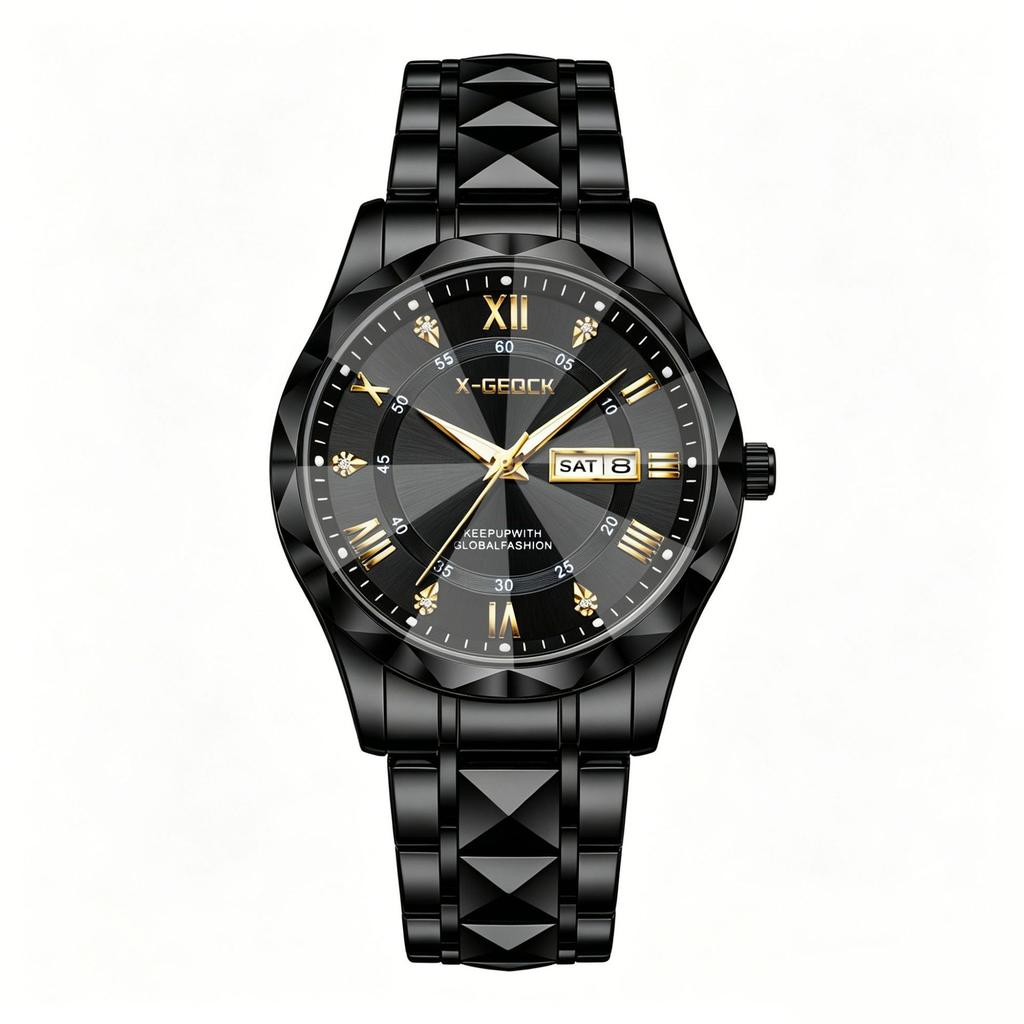Men'S Business Fashion Round Dial Stainless Steel Quartz Luminous Watch Men'S Rhombus Glass Decorative Trend Watch