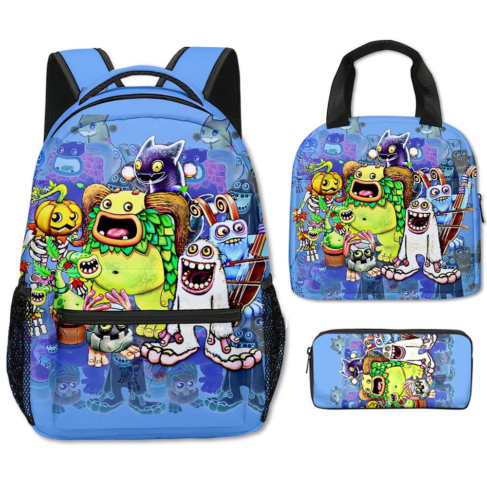 Classic Popular my singing monsters 3D Printed 3pcs/Set School Bags Travel Notebook Backpack portable Lunch bag Pencil Case