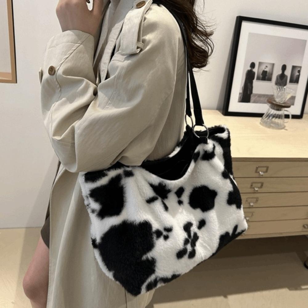 Large Capacity Plush Tote Bag Versatile Underarm Bag Gift Cow Print Shoulder Bag Women