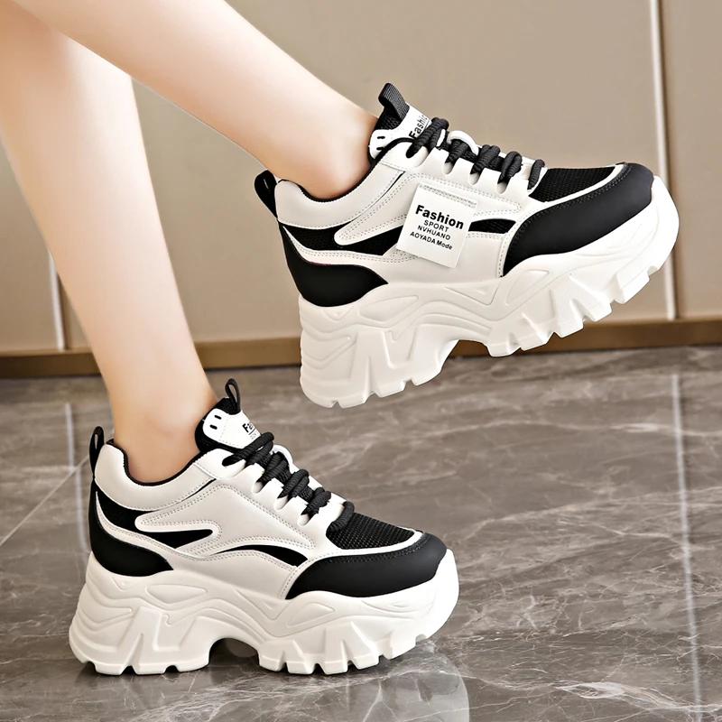Fashion Women's White Platform Sneakers 2025 Spring Lace Up Thick Bottom Vulcanized Shoes Woman Breathable Non Slip Sports Shoes Ladies